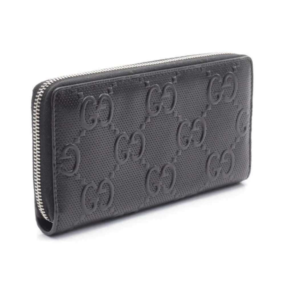 Gucci Wallet Round Long GG Black Leather Embossed Black